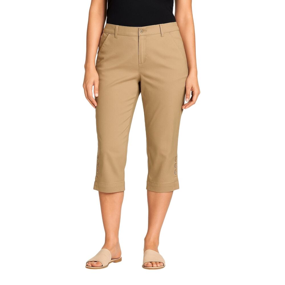 Lee Women’s Comfort Waist Khaki Capris Pants Size M Button Hem Cropped Chino